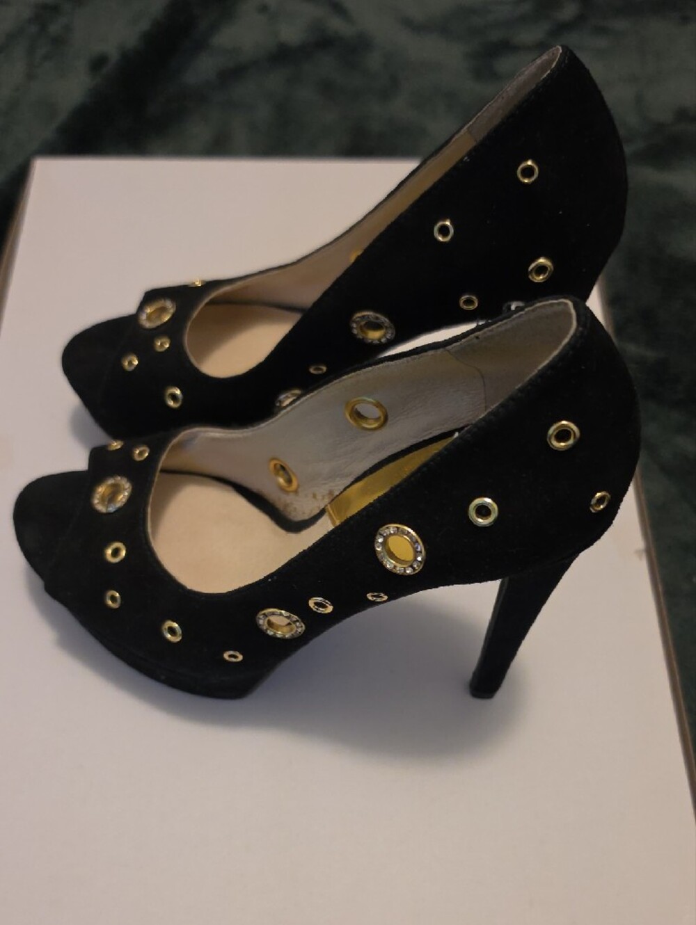 Michael Kors Black Suede Peep-Toe Heels with Gold Grommet Accents - Picture 3 of 5